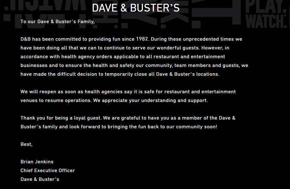 Dave and Busters temporary closing